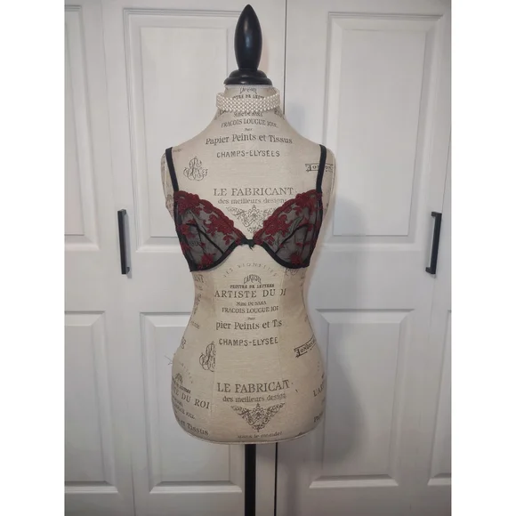 Ralph Lauren Vintage Black Lingerie Unlined Bra Red Embroidered Flowers| 34B - Picture 1 of 5